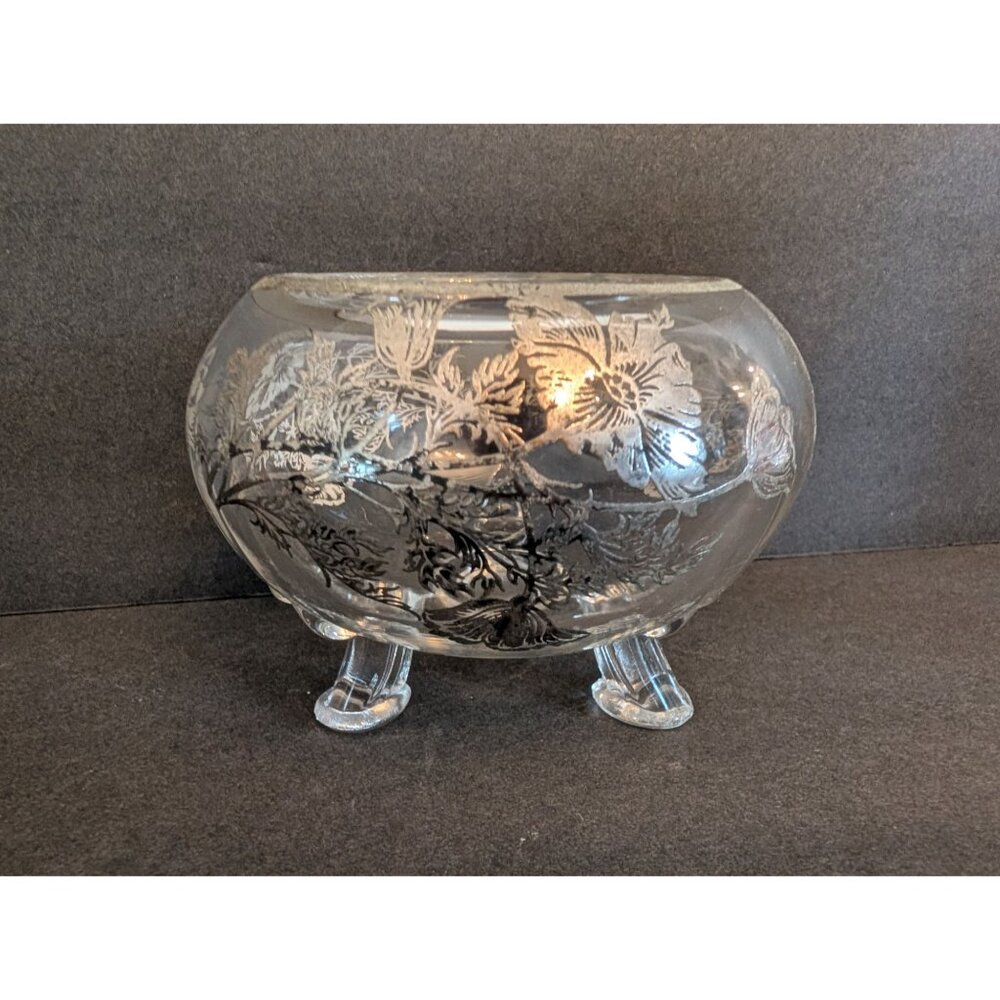 Vintage Viking Glass Footed Bowl Silver Floral Etching Anniversary
